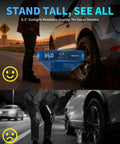 Cordless Tire Inflator With Dual Cylinders And An Eight Point Three Inch Screen, shown inflating a car tire at dusk.
