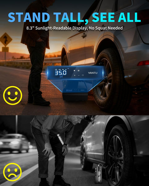 Cordless Tire Inflator With Dual Cylinders And An Eight Point Three Inch Screen, shown inflating a car tire at dusk.