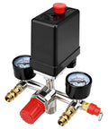 Adjustable 90-120 PSI Air Compressor Pressure Switch Valve with 0-180 PSI Gauge and Vertical Manifold Regulator shown in black and red design