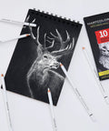 White Charcoal Pencils Set, 10 Pcs For Dark Paper Sketching, Shading, Blending And Highlighting, Pro-Grade For Beginners And Artists, Non-Toxic Drawing Essentials next to a white charcoal sketch of a deer.