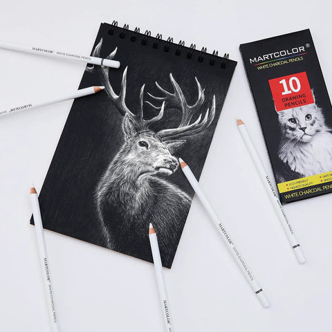 White Charcoal Pencils Set, 10 Pcs For Dark Paper Sketching, Shading, Blending And Highlighting, Pro-Grade For Beginners And Artists, Non-Toxic Drawing Essentials next to a white charcoal sketch of a deer.