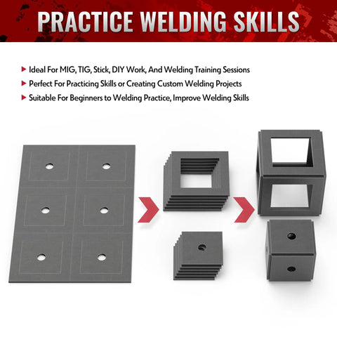 Welding Coupon Kit With 24 Pcs 3 By 3 Inch And 2 By 2 Inch Mild Steel Practice Plates for welding training display.