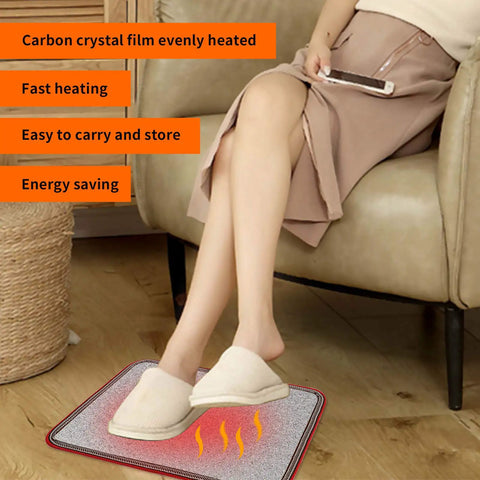 Woman using Under Desk Electric Heated Floor Mats Toe Warmer 110V For Office And Home with stone grain finish at a sofa
