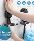 Hand installing 2 Pack Suction Cup Shower Razor And Bathroom Accessory Holder For Towel Loofah And Shaver Easy No Drill Mount