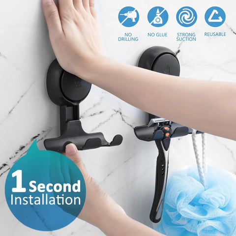 Hand installing 2 Pack Suction Cup Shower Razor And Bathroom Accessory Holder For Towel Loofah And Shaver Easy No Drill Mount