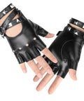 Womens Dope Edgy Punk Fingerless Leather Gloves Featuring Chill Ride Ready PU Half Finger Design With Grippy Wrist Wrap For Motoring Night Rides And Casual Hangout Wear, close-up view with studs.