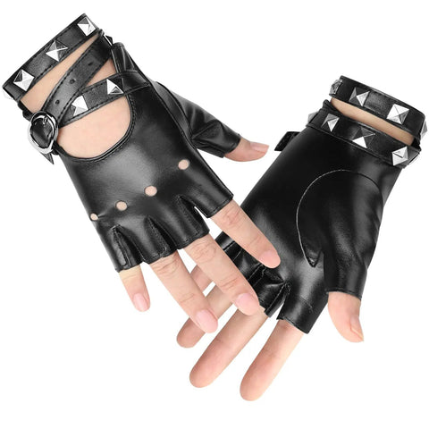 Womens Dope Edgy Punk Fingerless Leather Gloves Featuring Chill Ride Ready PU Half Finger Design With Grippy Wrist Wrap For Motoring Night Rides And Casual Hangout Wear, close-up view with studs.