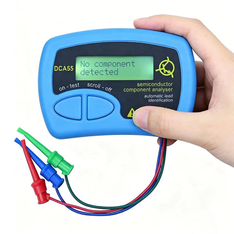 Upgraded Automatic Semiconductor Tester Compatible With Dca55 Analyzer, handheld unit with wires, displaying no component detected.