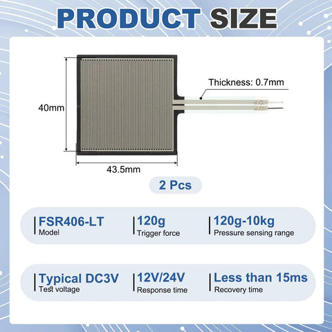 Thin Film Pressure Sensor Pad Pack Of 2 With FSR406 LT 120g To 10kg Force Range 40 By 40 Mm Size, 0.7mm thick