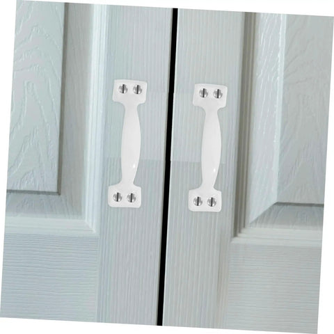 White metal cabinet pulls installed on double doors, versatile outdoor metal cabinet pulls and door handles for fence gates
