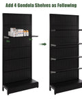 Beefy Four Pack Black Gondola Shelves 35 Inches Long By 11 Inches Wide For Rock Solid Retail Display Fixtures with installed shelves.