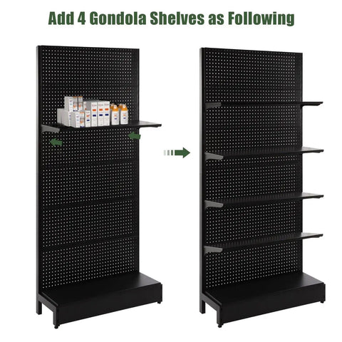 Beefy Four Pack Black Gondola Shelves 35 Inches Long By 11 Inches Wide For Rock Solid Retail Display Fixtures with installed shelves.