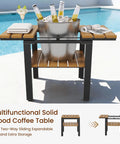 Three Piece Outdoor Bistro Set With 360 Swivel Rocking Chair And Two Tier Solid Acacia Wood Sliding Coffee Table White Six Inch Cushions for poolside with ice bucket