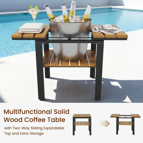Three Piece Outdoor Bistro Set With 360 Swivel Rocking Chair And Two Tier Solid Acacia Wood Sliding Coffee Table White Six Inch Cushions for poolside with ice bucket