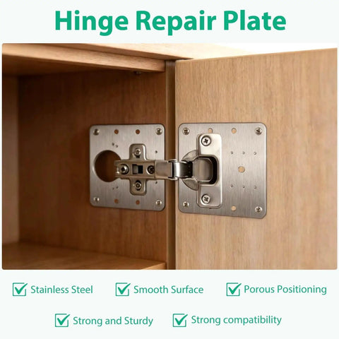 10 Pcs Cabinet Door Hinge Repair Kit With Stainless Steel Mounting Plates And 60 Screws installed on wooden cabinet