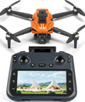 Orange 4K GPS Drone With Real Time FPV 5GHz Quad Copter Auto Return Home Follow Me Triple Obstacle Avoidance Beginner Friendly SD Card Slot Long Flight Time Under 249g and remote control display.