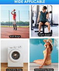 Collage with ball bags on court, gym bags in use, washing machine for laundry bags, and woman by pool for swimming bags.