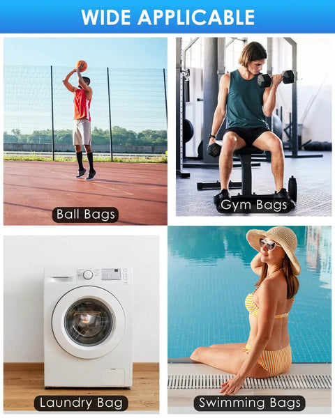 Collage with ball bags on court, gym bags in use, washing machine for laundry bags, and woman by pool for swimming bags.