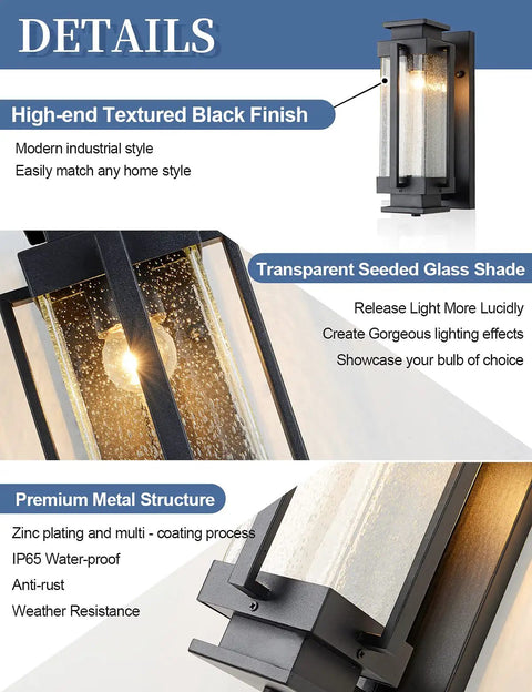 Dusk To Dawn Outdoor Wall Lanterns Large Exterior Porch Lights With Seeded Glass IP65 Waterproof Sconces Black Matte Finish