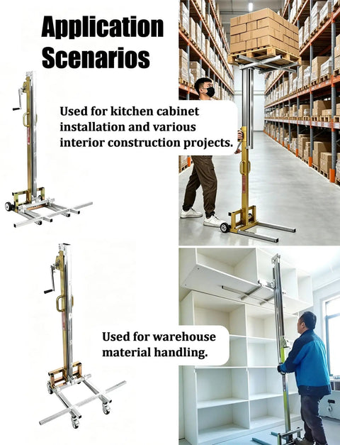 Heavy Duty Portable Manual Lifting Stacker With Effortless Winch For Moving 80kg Loads In The Shop Or Job Site No Power Needed Easy One Man Operation in a warehouse setting.
