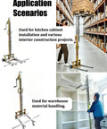 Image of Super Handy Portable Lifting Stacker Trolley With Steady Winch for Manual One Person Panel Drywall Wall And Kitchen Cabinet Installation Jobs Easy To Haul in use for cabinet installation.