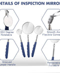 Three Piece Telescoping Inspection Mirrors Set, Pro Grade Stainless Steel Extendable Mechanic Mirrors With Long Handles For Techs, Mechanics, Contractors, Blue showing its 360-degree rotating head, smooth connector, and grooved handle.