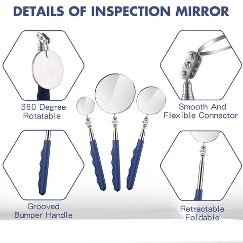 Three Piece Telescoping Inspection Mirrors Set, Pro Grade Stainless Steel Extendable Mechanic Mirrors With Long Handles For Techs, Mechanics, Contractors, Blue showing its 360-degree rotating head, smooth connector, and grooved handle.