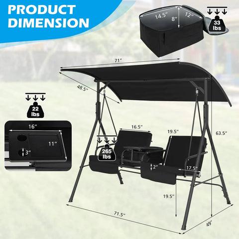 Two Person Porch Swing With Canopy Outdoor Swing With Pivot Storage Table Cooler Bag Two Cup Holders Removable Cushions dimensions