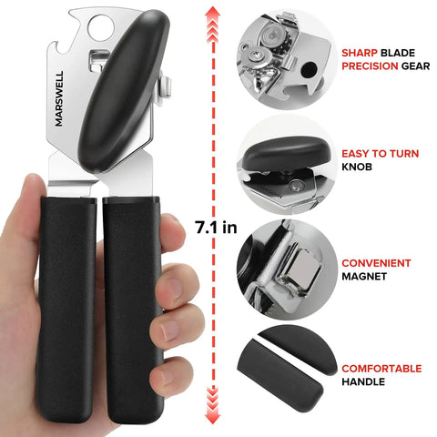 Easy Turn Manual Can Opener with Comfy Grip from Marswell, magnetic lid lifter, smooth cutting, 7.1 inches, black handle
