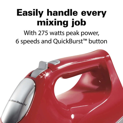 Badass Electric Hand Mixer With Six Speed Settings And Quick Burst Boost Featuring Trusty Bowl Rest and Snap On Storage Case For No Sweat Baking Projects Every Day close-up of red mixer handle with speed settings.