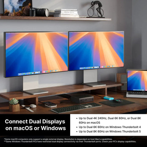 Thunderbolt Five Dock Packing Twenty Ports And Ten Gigabit Ethernet Kickass Connectivity Straight Up Powerhouse Hub showing dual monitors connected to a laptop.
