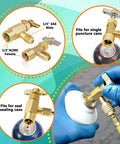 3 Piece AC Manifold Gauge Hose Set With Self Sealing Puncture Style R134A Can Taps, R134A Adjustable Quick Couplers, And Refrigerant Tank Adapters For A C Refrigerants, Charging And Diagnostics. Brass adapter for 1/4 SAE and 1/2 ACME connections