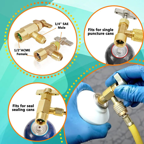 3 Piece AC Manifold Gauge Hose Set With Self Sealing Puncture Style R134A Can Taps, R134A Adjustable Quick Couplers, And Refrigerant Tank Adapters For A C Refrigerants, Charging And Diagnostics. Brass adapter for 1/4 SAE and 1/2 ACME connections