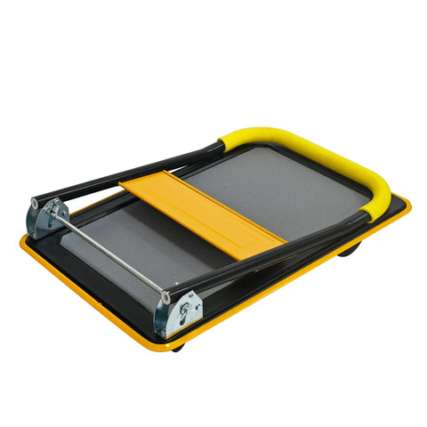 Heavy Duty Foldable Platform Hand Truck Rated At 330 Lbs With Silent Swivel Rollers That Glide Like Butter And Collapse Flawlessly For Stress Free Hauls Around Town in a collapsed position with yellow foam grip.