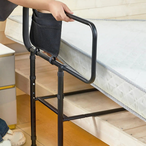Sturdy Height Adjustable Bed Rail With Handy Storage Pockets For Elderly Safety, Supports Up To 400 Lbs, installed on a bed frame