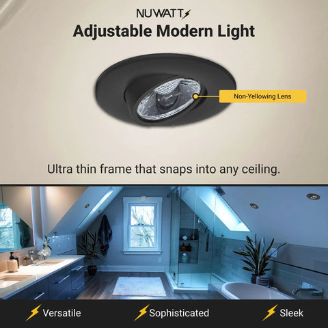 Black 3 Inch LED Gimbal Recessed Lights With 5CCT 2700K To 5000K Selectable, 8W 600 Lumens, IC Rated in modern bathroom.