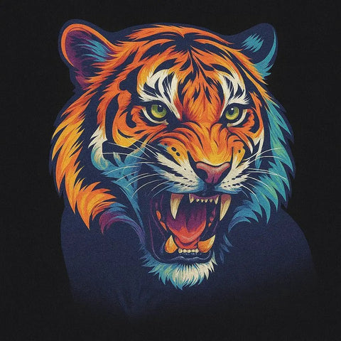 Vibrant tiger illustration printed using DTF Transfer Film Roll Hot Peel 24x328ft Clear PET Heat Transfer Paper on black textile