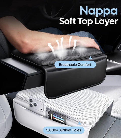 Tesla Center Console Lid Cover For Model Y Juniper 2025-2026 And Model 3 Highland 2024-2026, black Nappa leather, breathable design