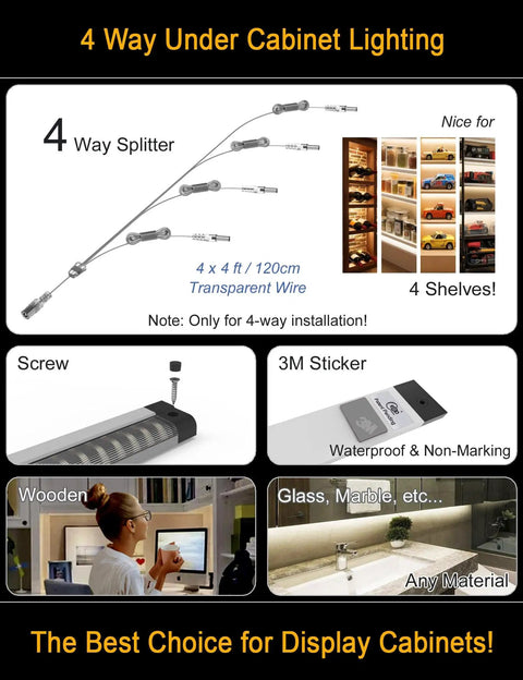 Under Cabinet LED Lighting Kit with Four Way Parallel Connection Touch Control Four Panels 6500K Cool Daylight