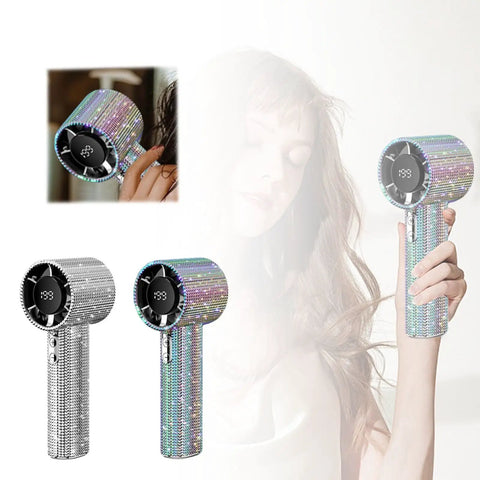 Diamond Studded Portable Handheld Turbo Fan With Glitter Rhinestones, Ultra Quiet USB Desk Fan, High Speed Cooling, Boss Babe Bling Accessory For Women, Office Or Travel, Silver