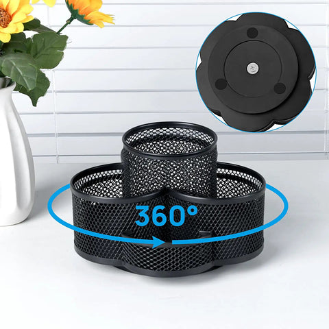 360 Degree Desk Pen Holder With Seven Compartments Floral Design Black Finish Rotating Cup Organizer For Office Desk