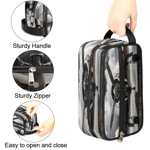 Go-To Vintage Airplane Travel Toiletry Bag For Women And Men with sturdy handle, durable zipper, and airplane design.