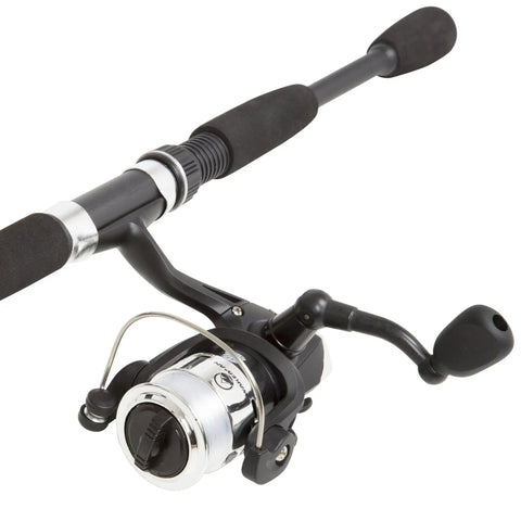 Close-up of the Portable 65 Inch Fiberglass Spinning Rod And Size 20 Reel Combo Two Piece Medium Action Bass Fishing Pole black handle