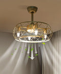 Caged Ceiling Fan with Light Wireless Control Gold Iron for Bedroom, stylish design with a geometric cage, emitting light and airflow.