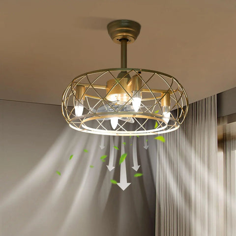 Caged Ceiling Fan with Light Wireless Control Gold Iron for Bedroom, stylish design with a geometric cage, emitting light and airflow.