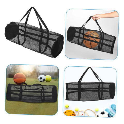 Large Mesh Sports Gear Bag For Gym And Outdoors with basketball, showcasing breathable design for travel and sports equipment.