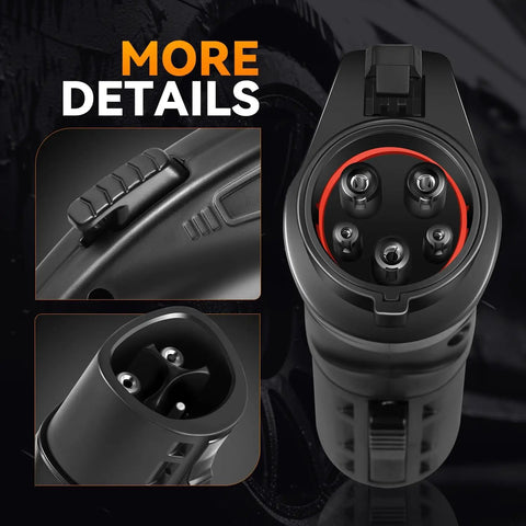 Tesla To SAE J1772 EV Charging Adapter Black showing close-up of connector details and reinforced charging pins.