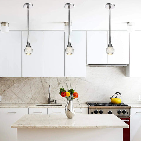 Modern kitchen with Teardrop Crystal Pendant Light With Mini LED Silver Polished Nickel Finish Metal Rod Ceiling Pendant Fixture