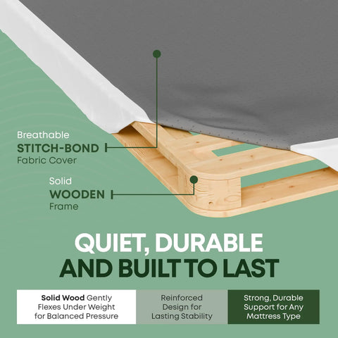 Queen Size Wood Box Spring Bed Base With Rock Solid Under Mattress Support And Simple Snap Together Setup showing solid wooden frame and breathable fabric.