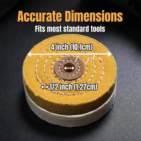 Close-up of a 4 inch heavy duty cotton buffing wheel with 1/2 inch arbor, showing detailed dimensions for rotary tool use.
